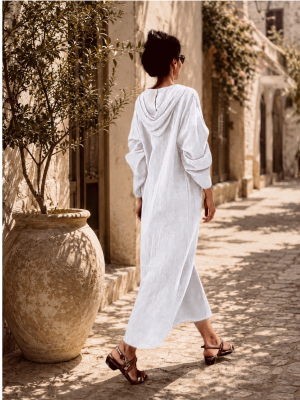 Handwoven cotton white hooded Dress - Image 1