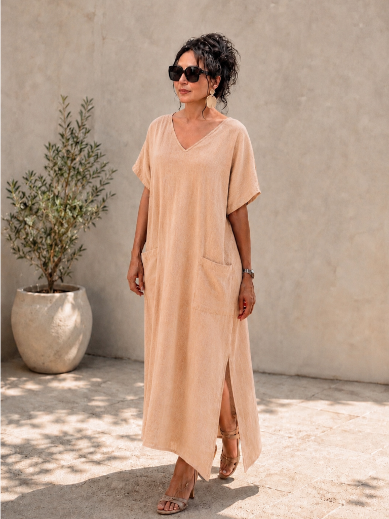Handwoven cotton Blush Long Dress w. pocket