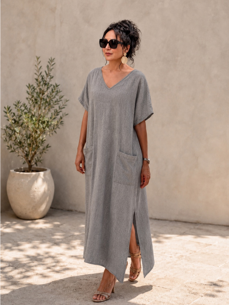 Handwoven cotton Grey Long Dress w. pocket