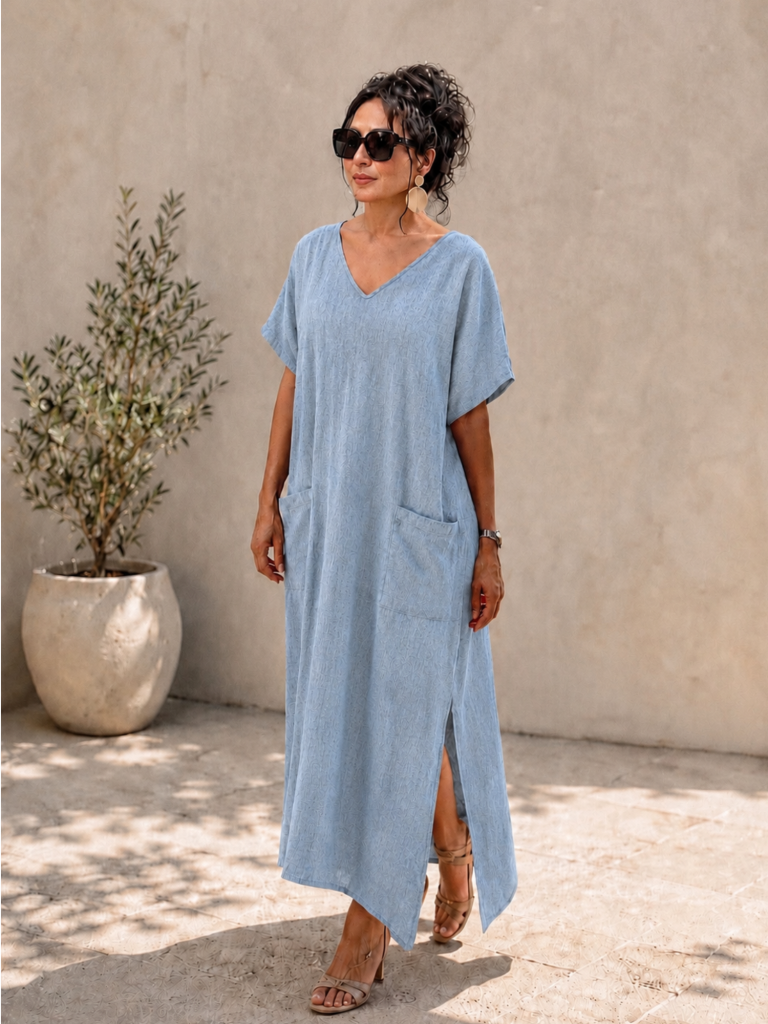 Handwoven cotton Marine Long Dress w. pocket