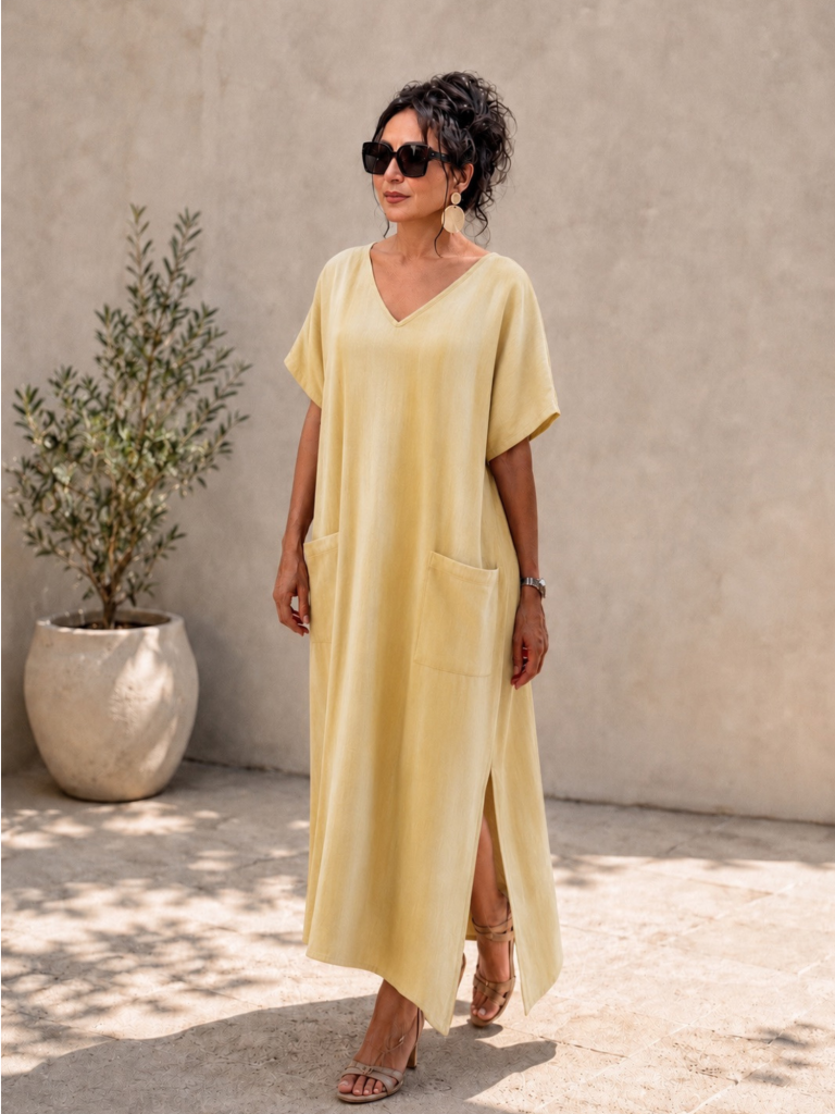 Handwoven cotton Olive Long Dress w. pocket
