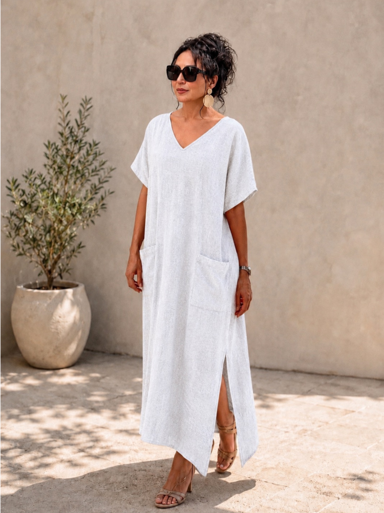 Handwoven cotton White long Dress w. pocket